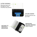 Hair clipper comb with features highlighted on a white background