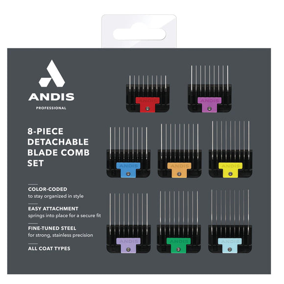 Andis 8-piece detachable blade comb set packaging on a gray background