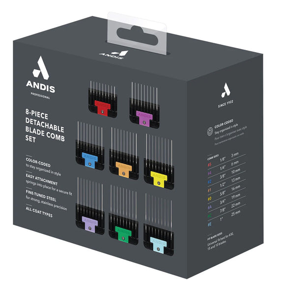 Andis 8-piece detachable blade comb set packaging on a white background