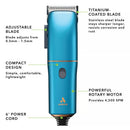 Blue hair trimmer with features highlighted on a white background