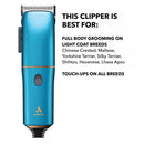 Blue grooming clipper with text on a white background