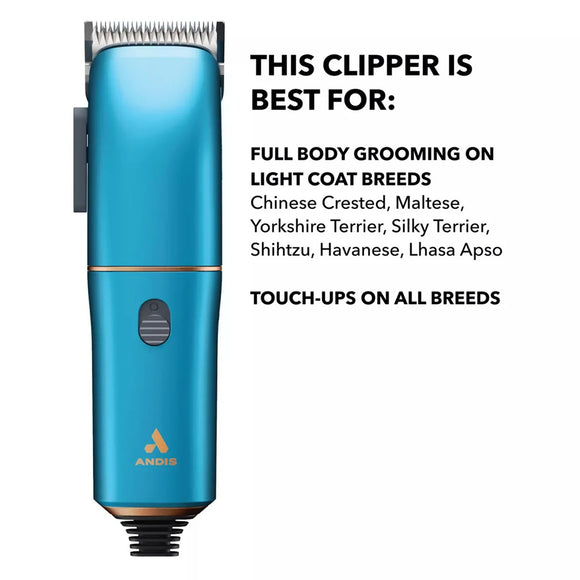 Blue grooming clipper with text on a white background