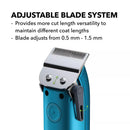 Blue hair clipper with adjustable blade system on a white background