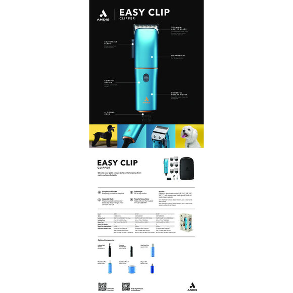 Andis Easy Clip clipper packaging with product and features on a white background