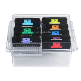 Set of Andis hair clippers blades in a clear plastic case on a white background