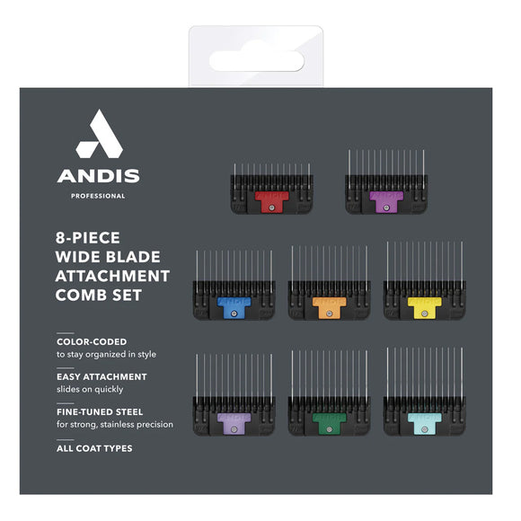 Andis 8-piece wide blade attachment comb set packaging on a white background