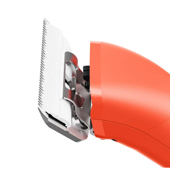 Close-up of an orange hair clipper with a silver comb on a white background