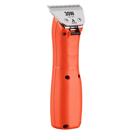 Orange grooming clipper with silver blade on a white background