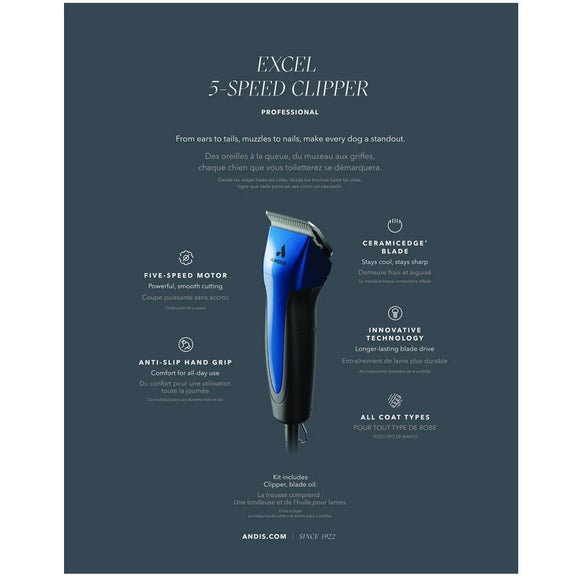 Advertisement for Excel 5-Speed Clipper with product details on a dark blue background