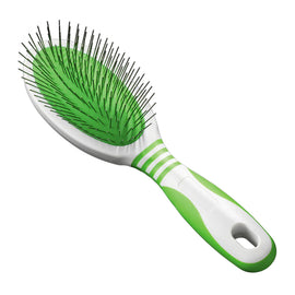 Green and white hairbrush on a white background