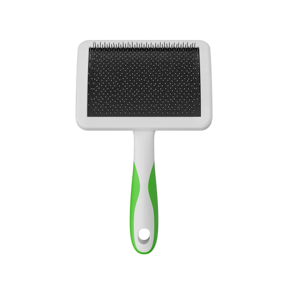 Pet grooming brush with a green handle on a white background