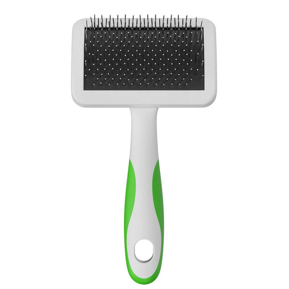 Pet grooming brush with black bristle side and green handle on a white background