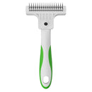 Pet grooming brush with green handle on a white background