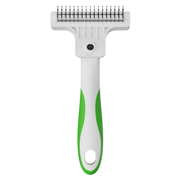 Pet grooming brush with green handle on a white background