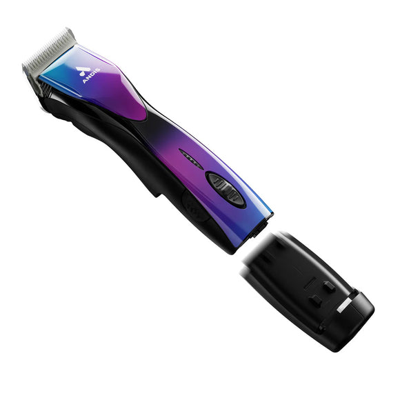 Purple and black hair clipper on a white background