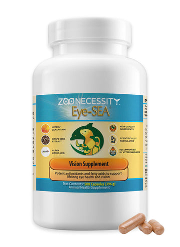 Vision supplement bottle labeled 'Eye-Sea' by ZooNecessity on a white background