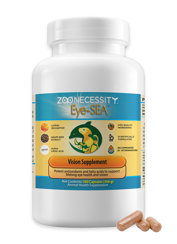 Vision supplement bottle labeled 'Eye-Sea' by ZooNecessity on a white background