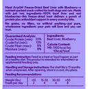 Product label for freeze-dried beef liver with blueberry treat for pets on a purple background