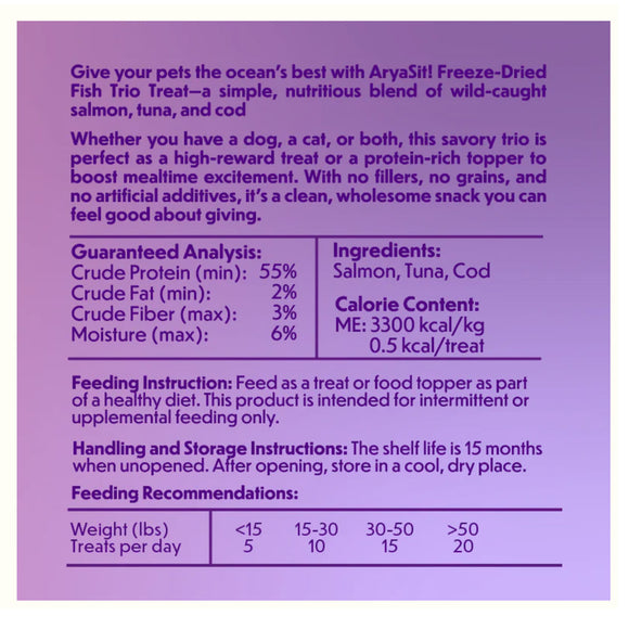 AryaSitt Freeze-Dried Fish Trio Treats packaging with text and nutritional information on a purple background.