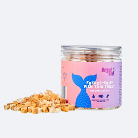 Jar of Aryan Silk freeze-dried fish trio treats with pink label on a white background