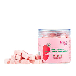 Jar of freeze-dried fruit treats with strawberry flavor on a white background