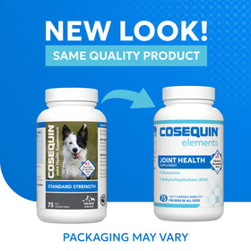 Two bottles of Cosequin joint health supplements with a blue background and text indicating 'New Look! Same Quality Product'.