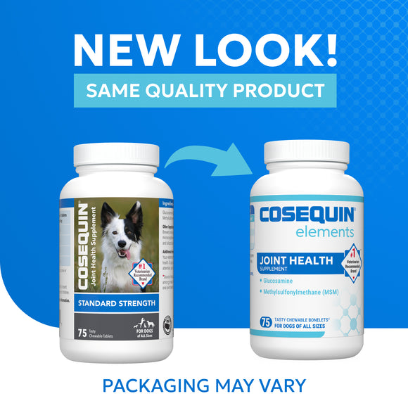 Two bottles of Cosequin joint health supplements with a blue background and text indicating 'New Look! Same Quality Product'.
