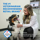 Veterinarian examining a dog with text about a veterinarian recommended retail brand.