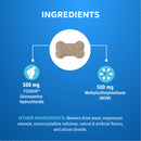 Dog supplement ingredient list with glucosamine hydrochloride and MSM on a blue background