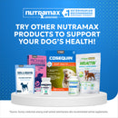 Collection of Nutramax pet supplement products on a blue background with promotional text.