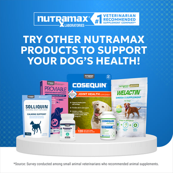 Collection of Nutramax pet supplement products on a blue background with promotional text.