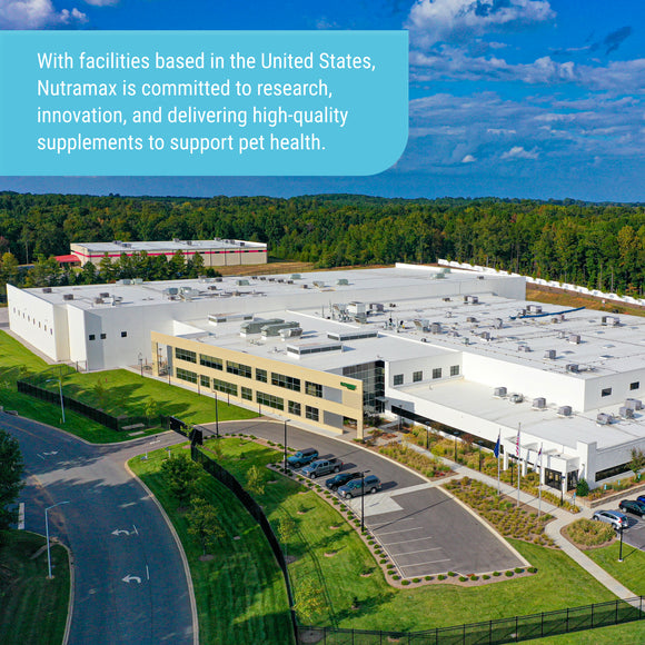 Aerial view of a large building complex with text about Nutramax's commitment to pet health.