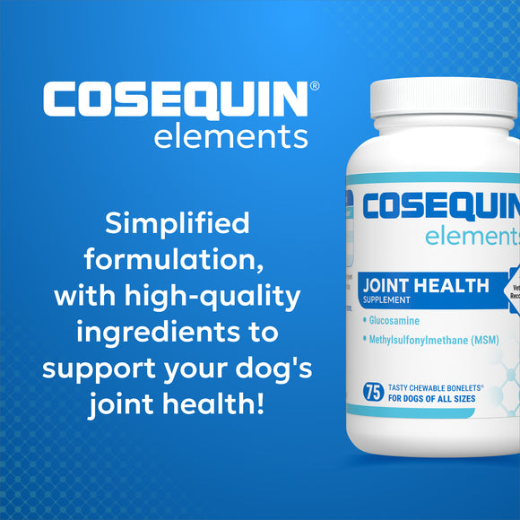 Cosequin elements joint health supplement bottle on a blue background with text about joint health support.