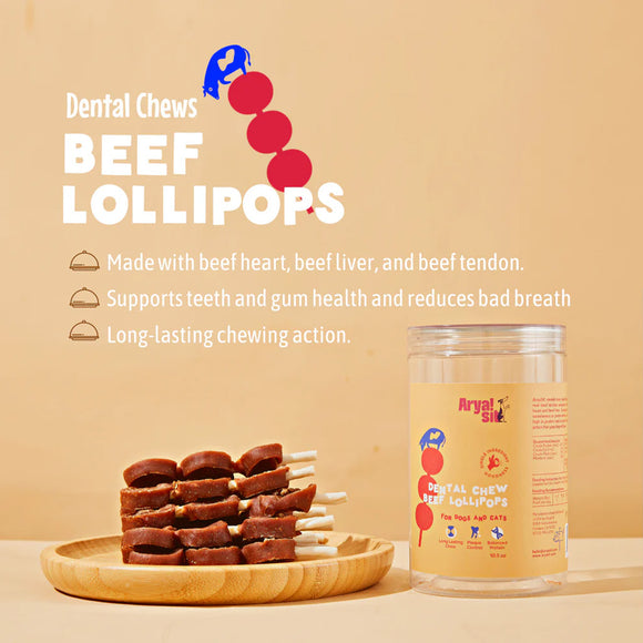 Beef lollipops for dental chews with a jar on a beige background
