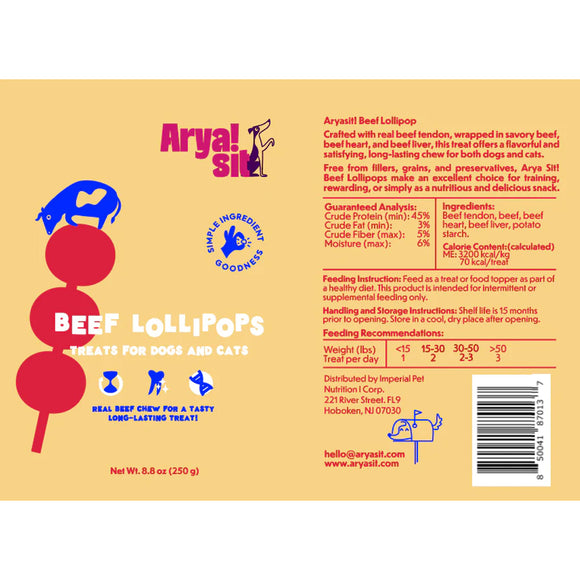 Arya Sil Beef Lollipops label for dogs and cats on a beige background