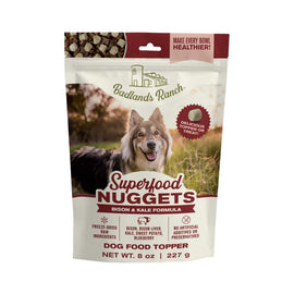 Badlands Ranch Superfood Nuggets dog food topper package with a dog on the label.