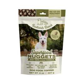 Badlands Ranch Superfood Nuggets dog food topper package with a white dog on the label.