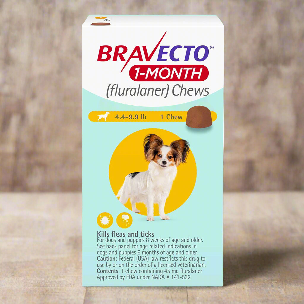 Bravecto 1-Month Chew for Dogs (Fluralaner), 4.4-9.9 lbs, (Yellow Box)