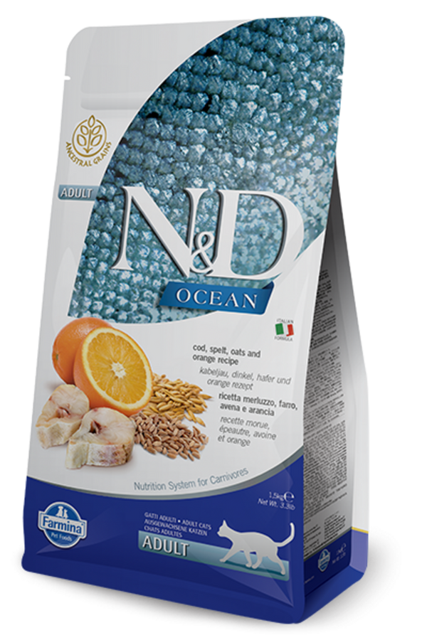 Farmina Ocean N&D Natural & Delicious Adult Cod, Spelt, Oats & Orange Dry Cat Food