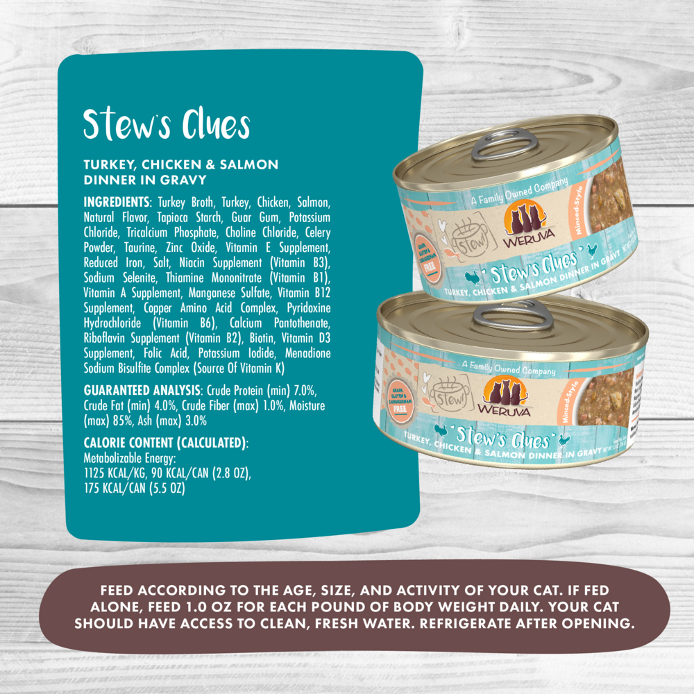 Weruva Classic Cat Stews! Stew's Clues with Turkey Chicken & Salmon in Gravy Canned Cat Food