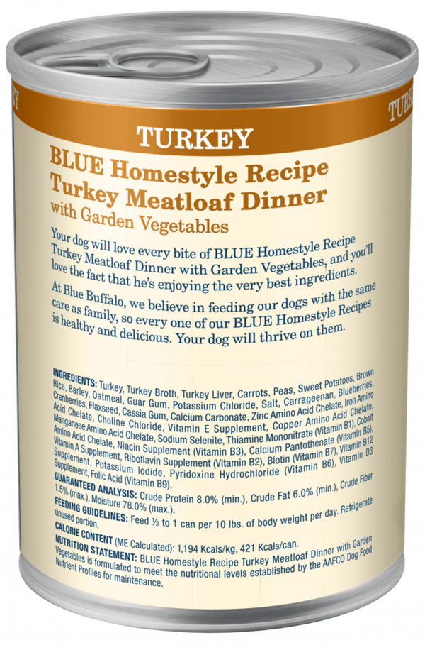 Blue Buffalo Homestyle Recipe Adult Turkey Meatloaf Dinner with Garden Vegetables Canned Dog Food