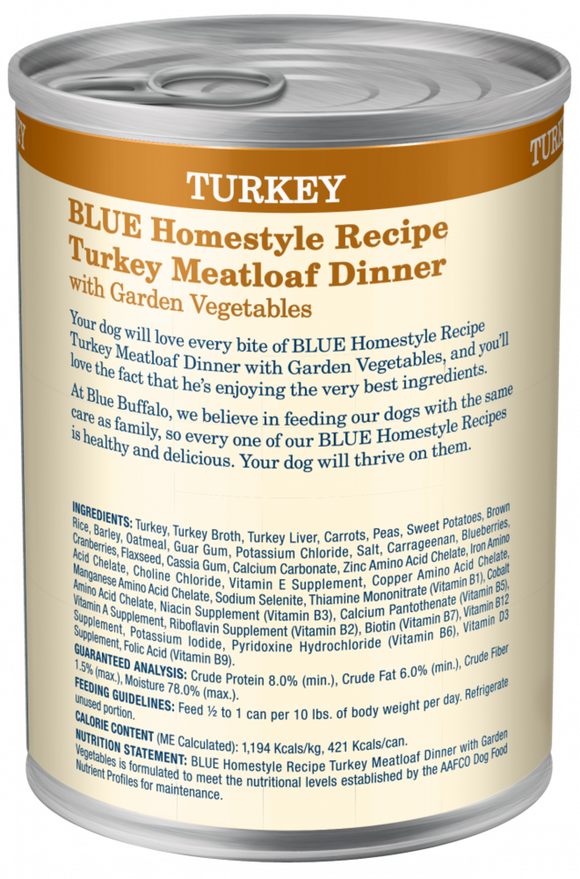 Blue Buffalo Homestyle Recipe Adult Turkey Meatloaf Dinner with Garden Vegetables Canned Dog Food