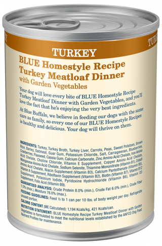 Blue Buffalo Homestyle Recipe Adult Turkey Meatloaf Dinner with Garden Vegetables Canned Dog Food