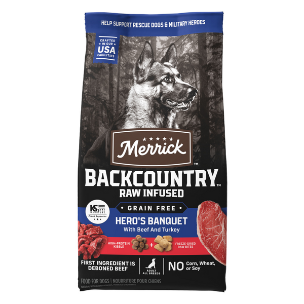 Merrick Backcountry Grain Free Dry Adult Dog Food, Kibble With Freeze Dried Raw Pieces Heros Banquet Recipe