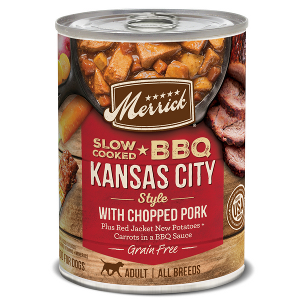 Merrick Wet Dog Food Slow-Cooked BBQ Kansas City Style with Chopped Pork Grain Free Canned Dog Food