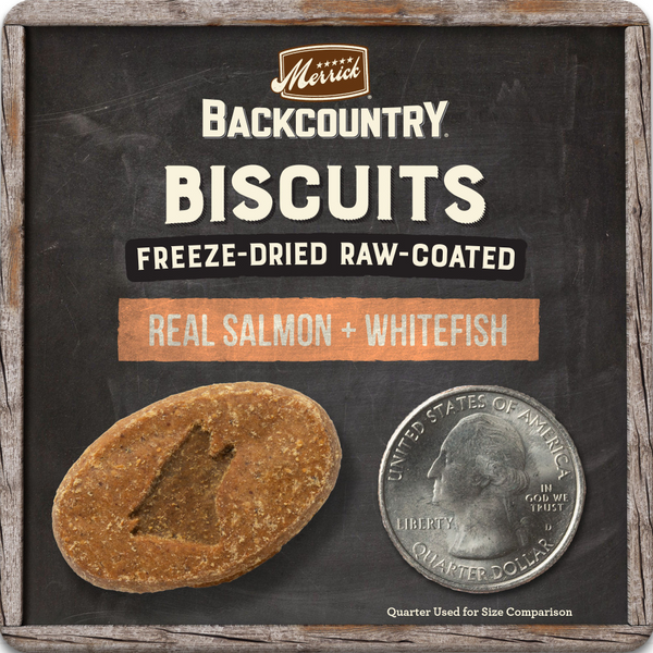 Merrick Backcountry Grain Free Salmon & Whitefish Recipe Freeze Dried Raw Coated Biscuit Dog Treats