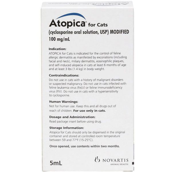 Atopica 100mg/ml Oral Solution for Cats 5ml dosage and warnings
