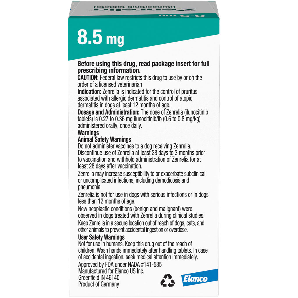 Zenrelia (ilunocitinib tablets) for Dogs, 8.5-mg 90 count backside box