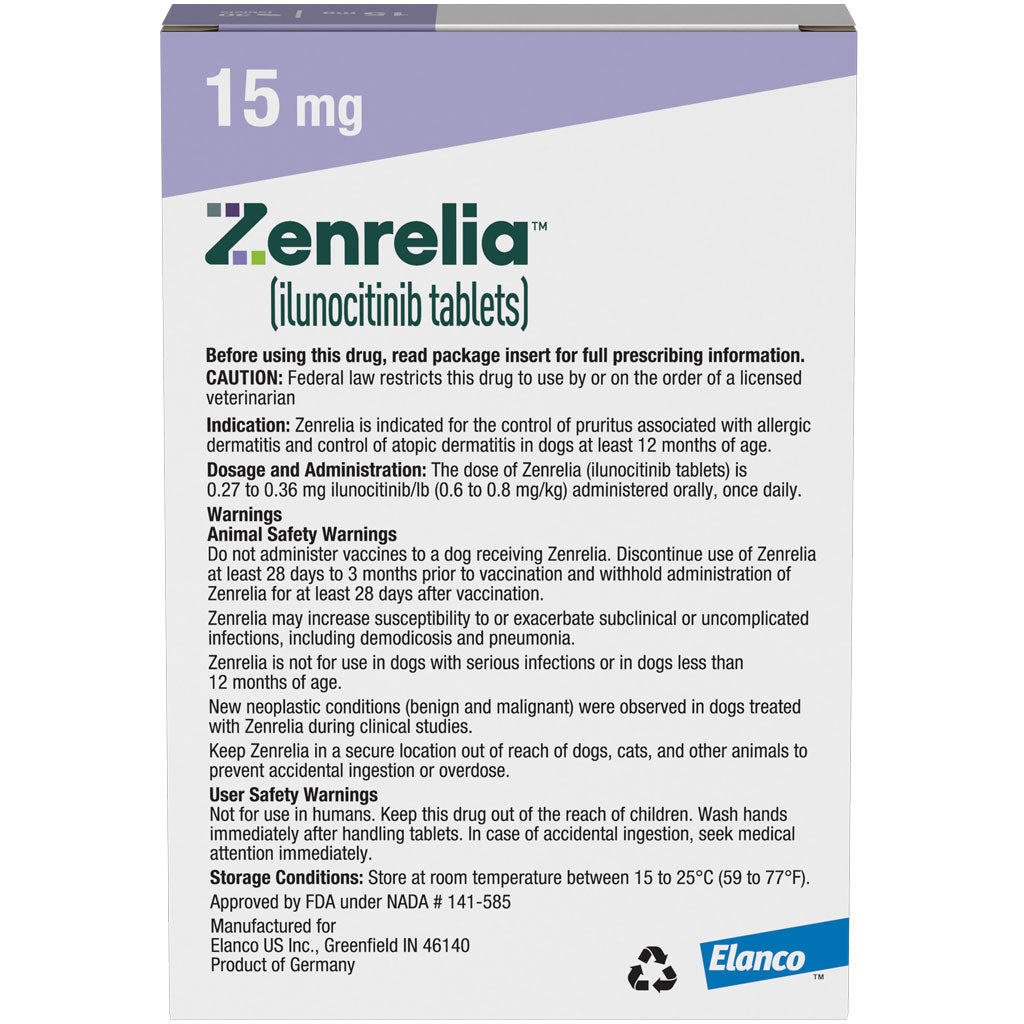 Zenrelia (ilunocitinib tablets) for Dogs, 15-mg 30 tablets backside