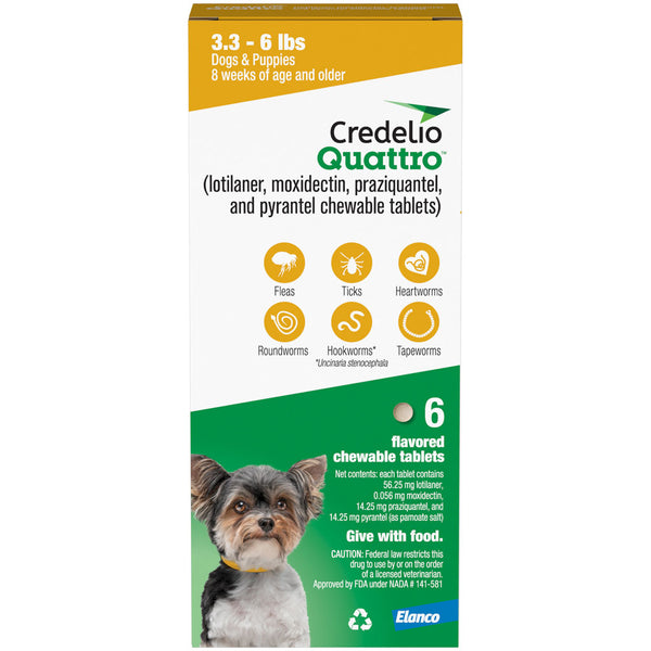 Credelio Quattro Flavored Chewable Tablets for Dogs & Puppies 3.3 to 6 lbs, 6 tablets